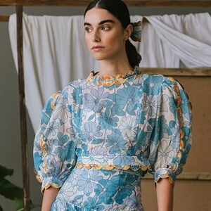 Celia B Blue Floral Scallop Print Top